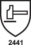 Sköld med en hammarsymbol och numret 2441 undertill. Symboliserar skydd eller certifiering inom byggnads- eller hantverksverksamhet.