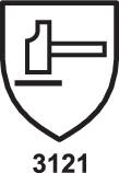 En emblem med en hammare i en sköld, under siffran '3121'. Symboliserar skydd eller motståndskraft mot fysisk påverkan.