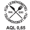 RAL E85 logotyp med gaffel och sked, omgiven av 'För livsmedel'. Text nedanför: 'AQL 0,65'.