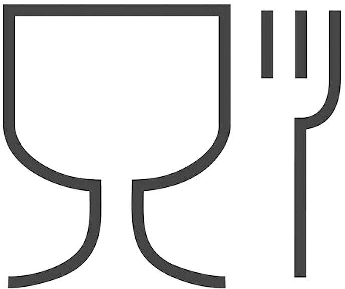 Symbol för ett vinglas och en gaffel, betecknar en livsmedelsgodkänd produkt.