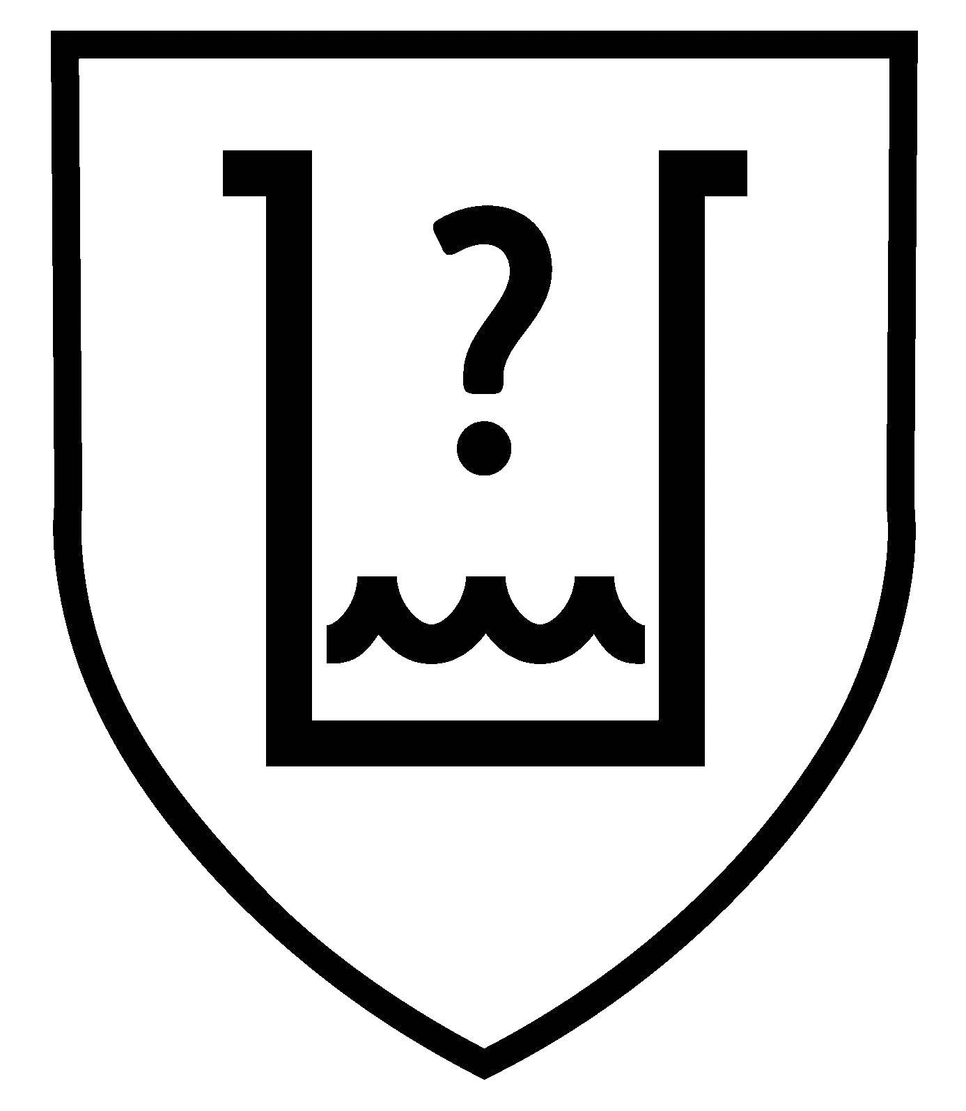 En skylt med en symbol: ett glas med en vattenvåg och ett frågetecken ovanför. Symboliserar osäkerhet eller försiktighet vid hantering av vätskor.