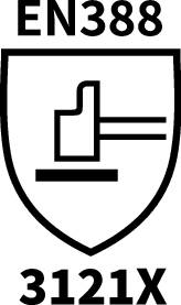 Symbol för mekaniskt skydd enligt EN 388: Sköld med hammar- och städsymbol, beteckning 3121X för skyddshandskar.