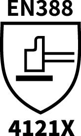 EN 388-symbolen med siffrorna '4121X' anger skyddsnivån för skyddshandskar mot mekaniska risker.