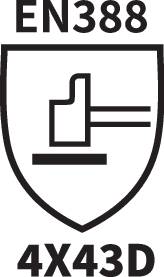 EN 388-etikett för skyddshandskar: Symbol med siffrorna '4X43D', som visar skyddsnivåerna mot mekaniska risker.