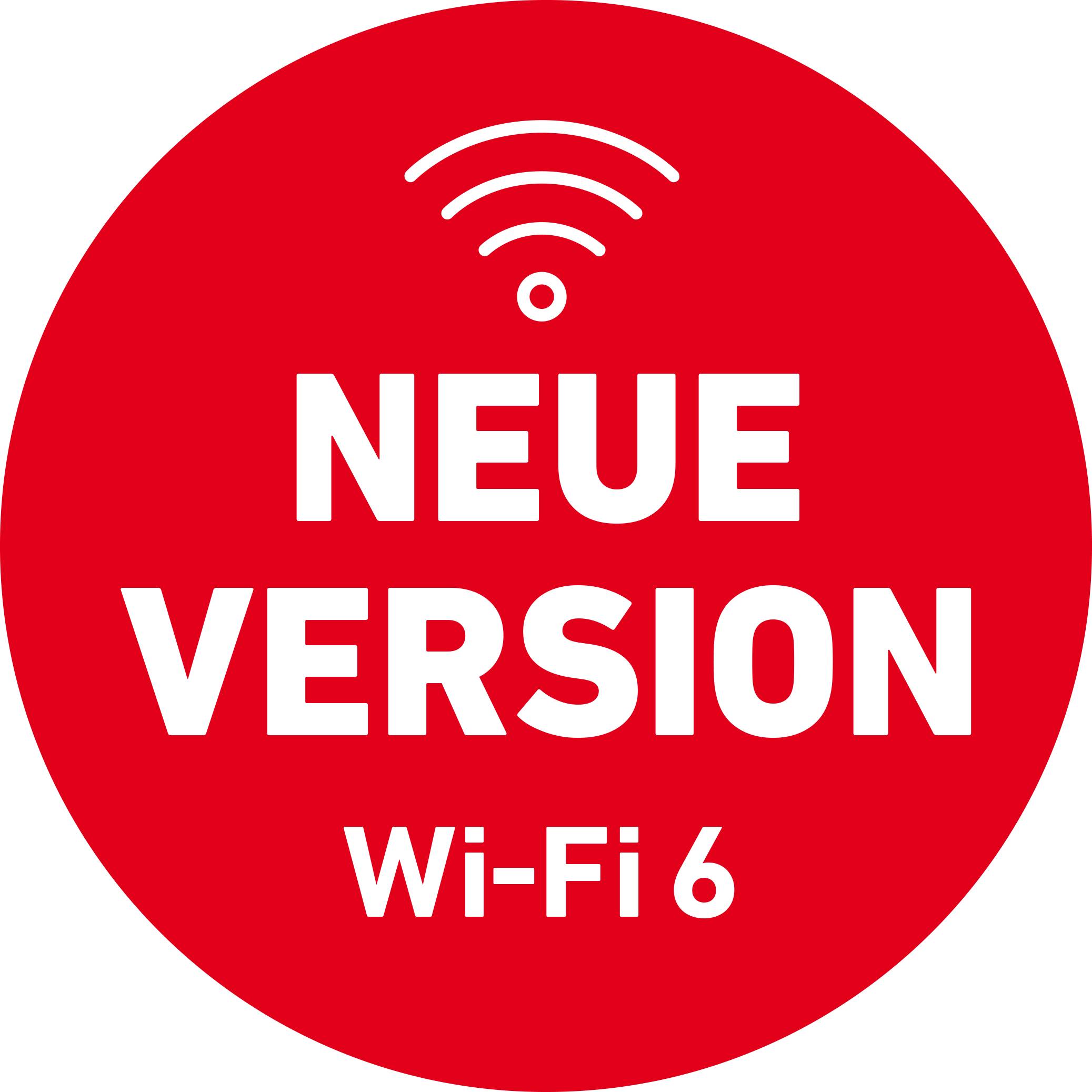 "Ny version Wi-Fi 6" står i vit text på en röd cirkel med ett Wi-Fi-symbol ovanför.