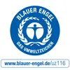 Blå Ängeln-logotypen visar en stiliserad vit figur i en blå cirkel, omgiven av ett lagerblad. Text: 'Blå Ängeln – Miljömärket'.