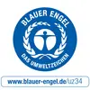 Blå Ängeln-logotyp, miljömärke med stiliserad person och lagerkvist. Text: 'Blå Ängeln, Miljömärket'. Webbplats: www.blauer-engel.de/uz34.