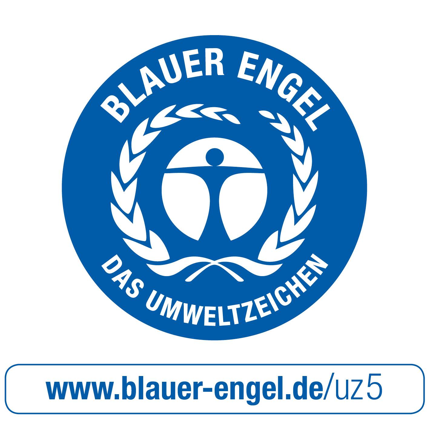 Blå Ängeln-logotyp, miljömärke. En blå märkning med en stiliserad person och ett lagerbladskrans. Webbplats: www.blauer-engel.de/uz5
