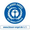Blå Ängeln-logotyp, miljömärke. En blå märkning med en stiliserad person och ett lagerbladskrans. Webbplats: www.blauer-engel.de/uz5