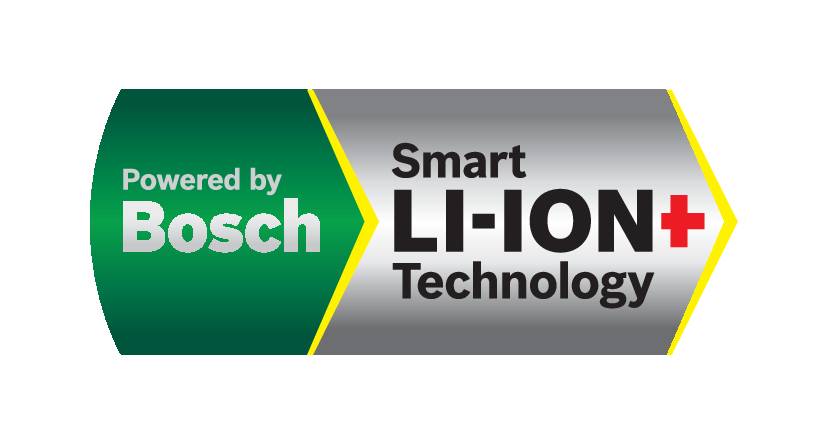 Driven av Bosch Smart LI-ION+ Teknologi. En svart och lila logotyp framhäver litium-jon-teknologin.