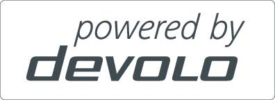 'Powered by devolo' i vit text på svart bakgrund.