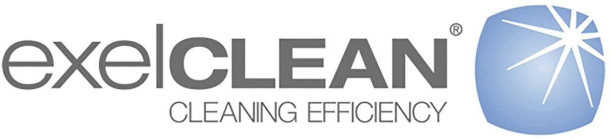 'ExelClean' logotyp med sloganen 'Cleaning Efficiency'. Till höger ett stiliserat symbol i form av en blank blå kvadrat.