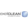 'ExelClean' logotyp med sloganen 'Cleaning Efficiency'. Till höger ett stiliserat symbol i form av en blank blå kvadrat.