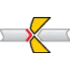 Bilden visar en gul och grå symbol med en röd punkt i mitten.