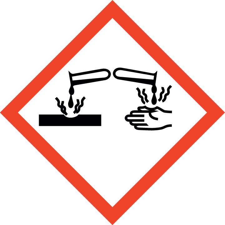 GHS-piktogram för frätande ämnen visar ett kemiskt ämne som angriper både en hand och en metallyta.