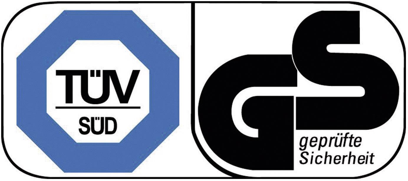 TÜV SÜD-logotyp till vänster, blå åttahörning; till höger 'GS testad säkerhet'-logotyp, svart text. Märken för testad kvalitet och säkerhet.