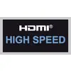 Svart etikett med vit text 'HDMI®' och blå text 'HIGH SPEED', symboliserar en High Speed HDMI-anslutning.