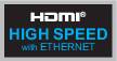 Svart etikett med vitt 'HDMI'-logo och turkos text 'HIGH SPEED with ETHERNET'.