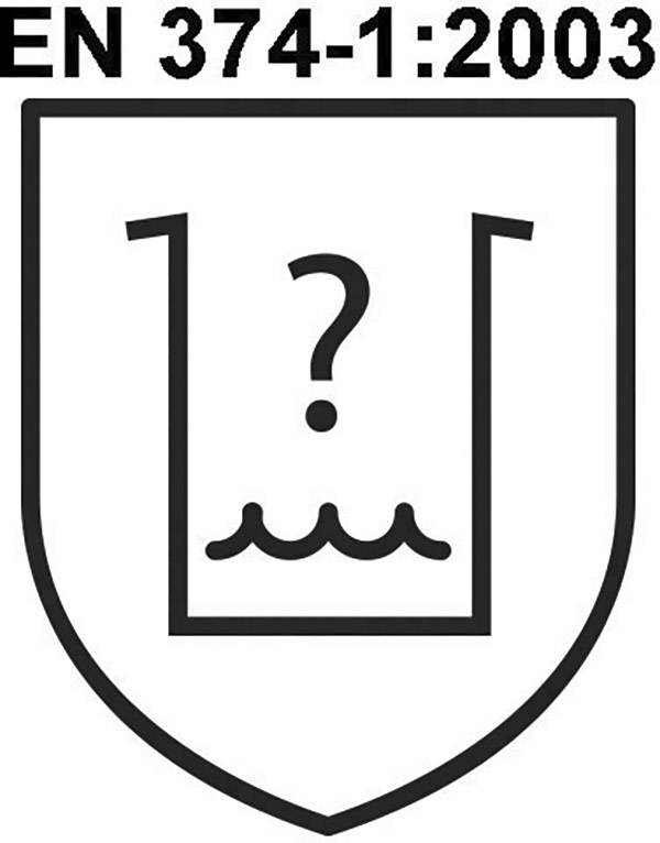 Symbol på en skylt med ett frågetecken ovanför vågor. Ovanför texten 'EN 374-1:2003', som hänvisar till en norm för skyddshandskar.
