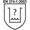 Symbol på en skylt med ett frågetecken ovanför vågor. Ovanför texten 'EN 374-1:2003', som hänvisar till en norm för skyddshandskar.