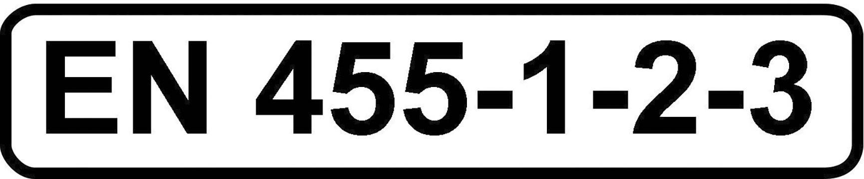 Etikett med texten 'EN 455-1-2-3', som hänvisar till europeiska standarder för medicinska handskar.