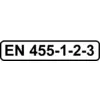 Etikett med texten 'EN 455-1-2-3', som hänvisar till europeiska standarder för medicinska handskar.