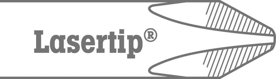 'Lasertip®' Logotyp med stiliserad spetssymbol till höger.