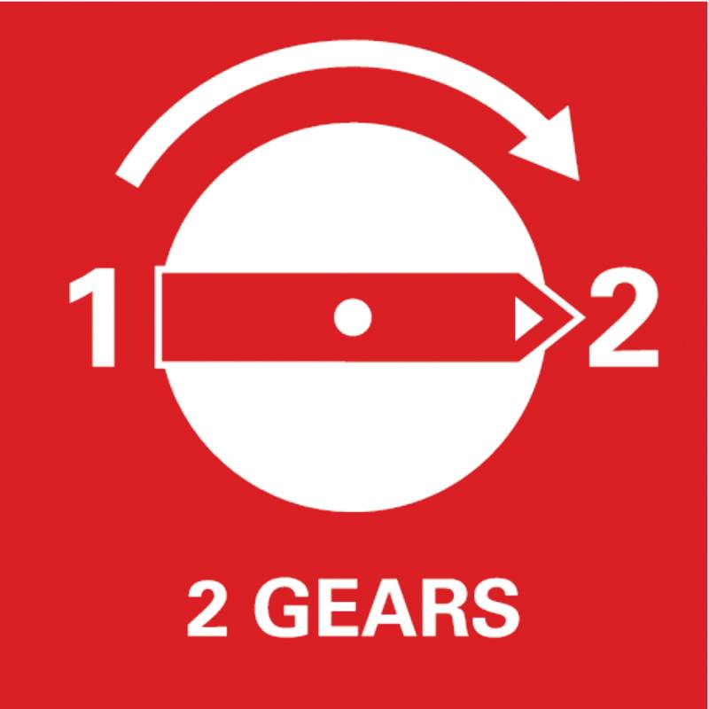 Bilden visar en vit skiva med en röd pil som går från 1 till 2 och texten '2 Gears'. Den symboliserar ett växelbyte.