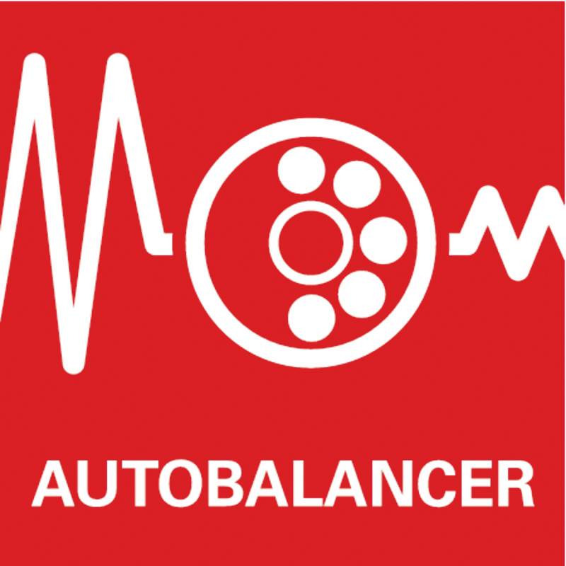 Rött logotyp med ett stiliserat oscilloskopdiagram och sex cirklar i mitten. Under detta står 'Autobalancer' i vit text.
