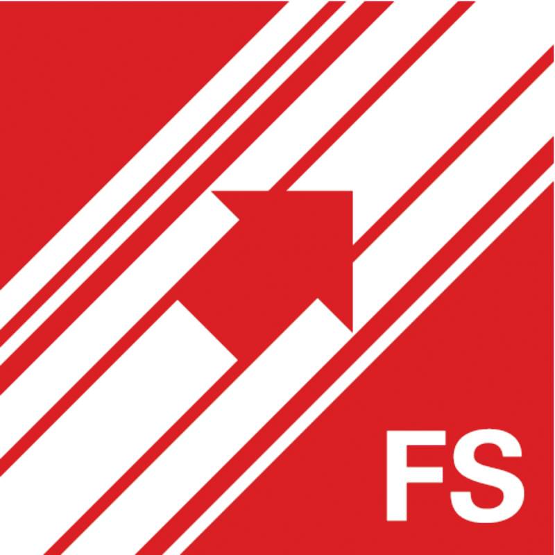 Rött kvadratiskt logotyp med vita diagonala ränder, en uppåtriktad pil och de vita bokstäverna 'FS' i nedre hörnet.