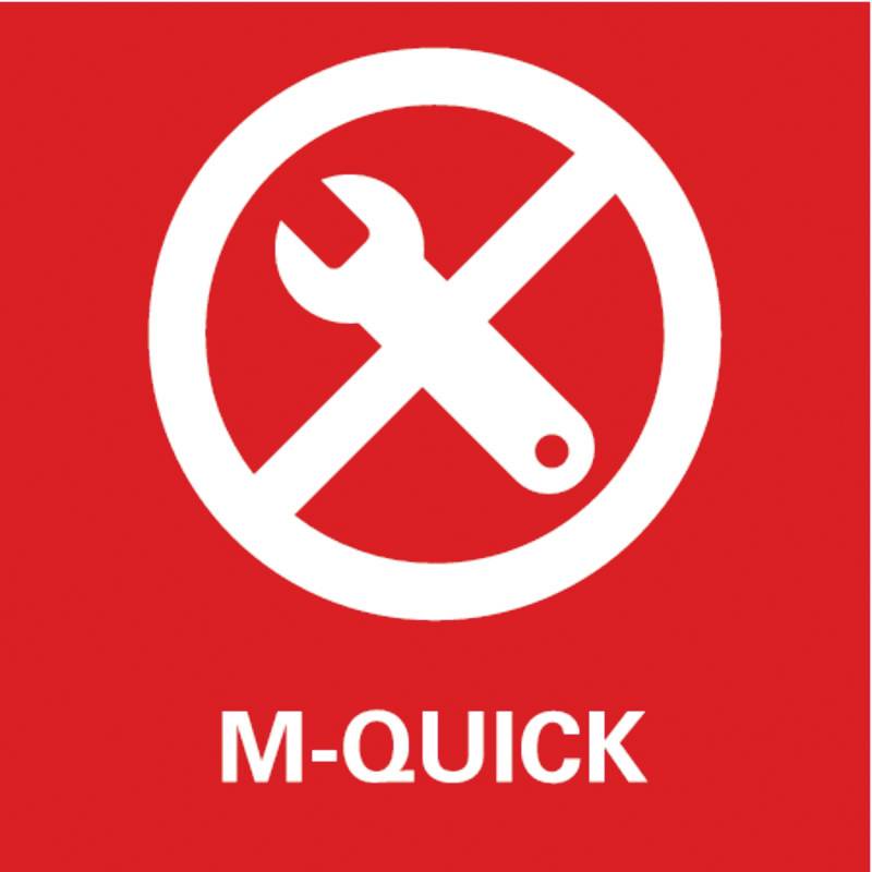 En röd skylt visar en genomstruken skiftnyckel ovanför texten 'M-QUICK', vilket symboliserar ett förbud mot verktyg.