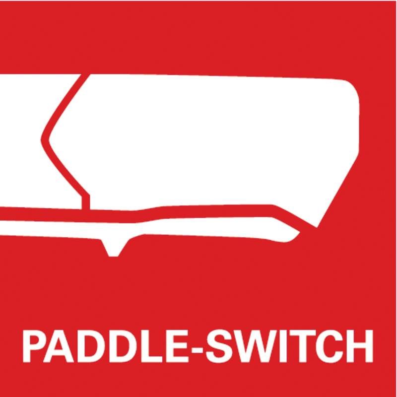 En röd skylt med en vit kontur av en vippströmbrytare, under texten 'PADDLE-SWITCH'.