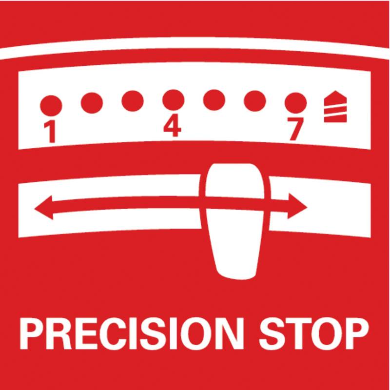 'PRECISION STOP' varningsmeddelande visar en skala från 1 till 7 med pilar som antyder en exakt inriktning eller positionering.