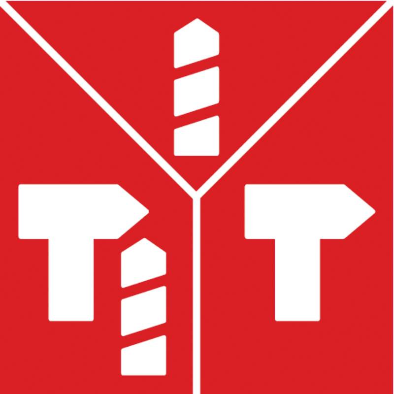 Bilden visar en logotyp på röd bakgrund med bokstäverna 'T' och 'I' i en stiliserad design.