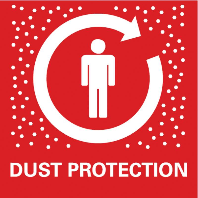 Rött skylt med vitt symbol: en figur i en cirkel med en pil. Text under: 'DAMMSKYDD'.