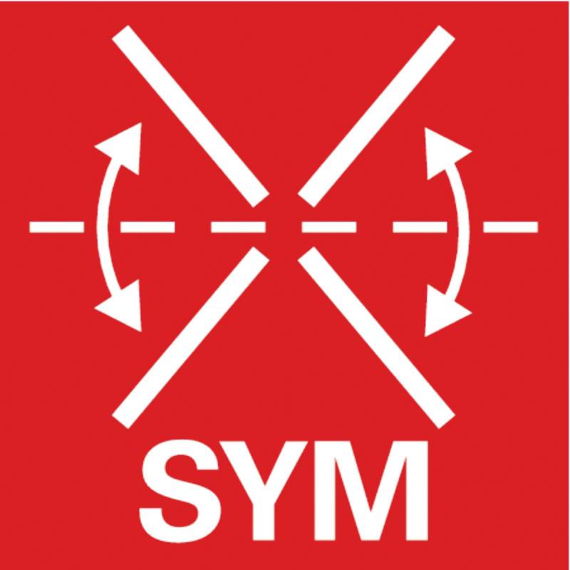 Ett rött symbol visar två pilar som pekar inåt och utåt mot en streckad linje. Under detta står 'SYM'.