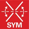 Ett rött symbol visar två pilar som pekar inåt och utåt mot en streckad linje. Under detta står 'SYM'.