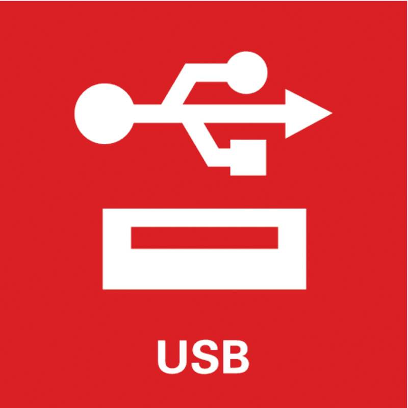 "Röd symbol med vitt USB-symbol och texten "USB" nedanför."