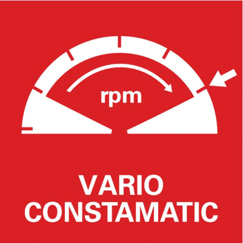 En röd symbol visar ett varvtal med texten 'rpm', under vilket det står i vitt 'VARIO CONSTAMATIC'.