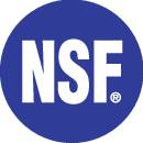 Ett blått rundligt logotyp med vita bokstäver 'NSF' i mitten, som representerar certifieringsorganisationen NSF International.