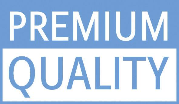 Text på blå bakgrund: 'Premium Quality'.