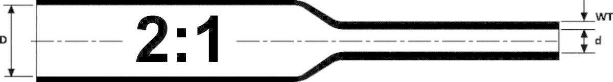 Ett diagram visar ett krympningsförhållande på 2:1 med dimensionerna 'P', 'd' för diameter och 'W' för väggtjocklek.