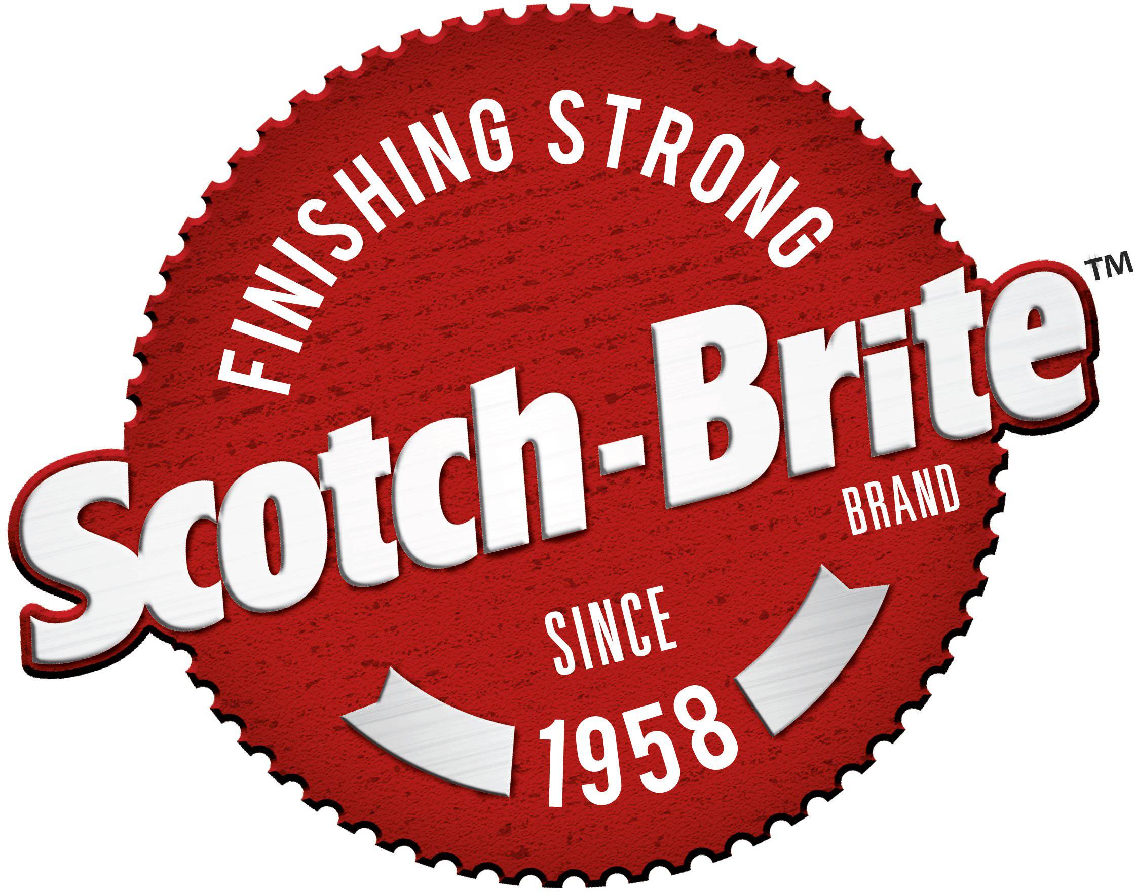 Scotch-Brite-logotyp i rött med vit text 'Finishing Strong' och 'Sedan 1958'.