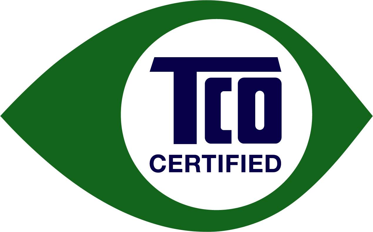 'TCO Certified'-logotyp: Vit cirkel med mörkgrön kontur, text 'TCO CERTIFIED' i blått i mitten.