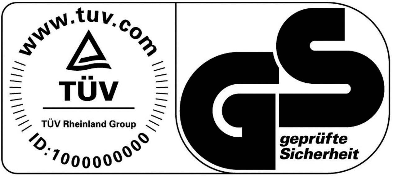 Logotyp med TÜV Rheinland- och GS-märke. Vänster: TÜV-logotyp med triangel, text 'TÜV Rheinland Group', ID: 1000000000. Höger: GS-logotyp med 'testad säkerhet'.