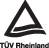 TÜV Rheinland-logotyp med en triangulär symbol och texten 'TÜV Rheinland' nedanför.