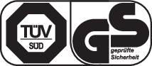 'TÜV SÜD Kontrollerad säkerhet' Logo, visar kvalitets- och säkerhetscertifikat. Vänster: Åttahörning med 'TÜV SÜD'. Höger: 'GS' med 'kontrollerad säkerhet'.