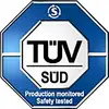 TÜV SÜD-märke som visar certifiering för övervakad produktion och kontrollerad säkerhet i en åttkantig blå ram.