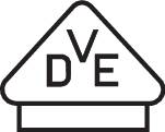 Bilden visar en stiliserad logotyp med bokstäverna 'VDE' i en triangulär ram. Den representerar en provnings- eller certifieringsmärkning.