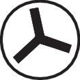 En svart cirkulär symbol med tre symmetriska, utåtriktade armar på vit bakgrund.